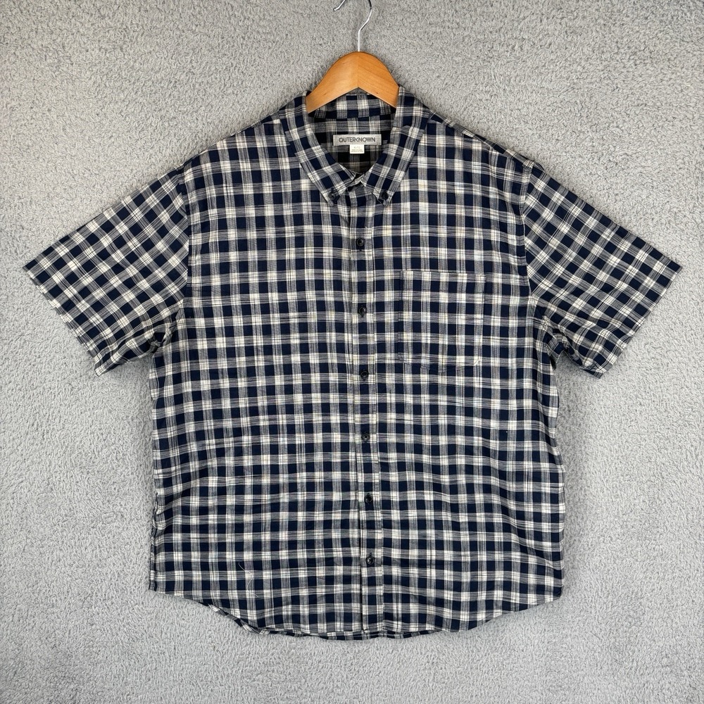 Outerknown Shirt Mens XL Blue Plaid Button Up Short Sleeve Preppy Lightweight